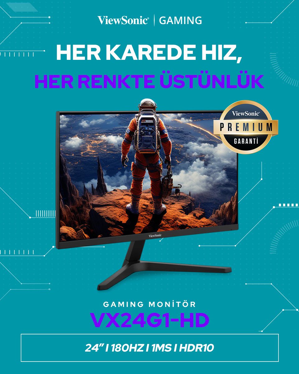 VX24G1-HD, 24” ekranıyla kompakt ama etkileyici bir görüş alanı sunar. 180Hz yenileme hızı ve 1ms tepki süresi ile en hızlı aksiyon sahnelerinde bile gecikme yok.
HDR10 desteği sayesinde renkler daha canlı, kontrastlar daha derin ve her sahne gerçekçi bir deneyime dönüşür.