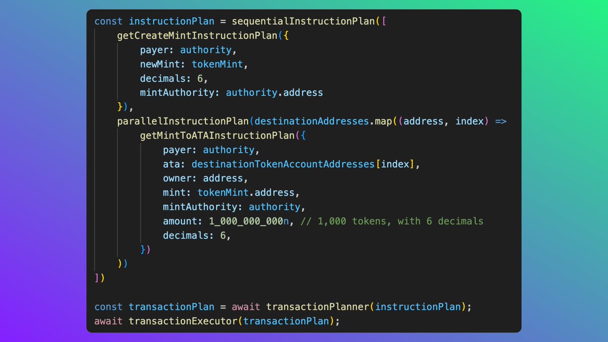 We've added some instruction plan helpers to the solana-program/token JS client

Create a new mint, mint/transfer to an ATA (creating it if needed)

Now the example of creating + airdropping a new mint is this easy

What other instruction plans should we add to the core program