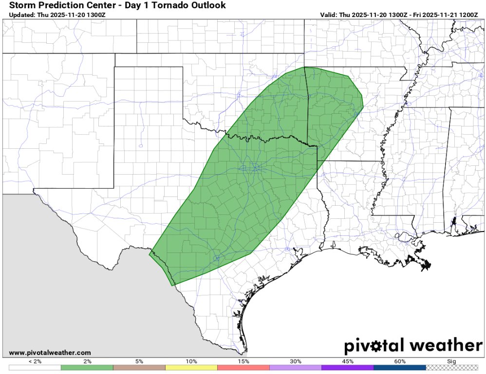 BREAKING🚨

A tornado threat is on the table today, with supportive severe-weather parameters in place. If you're in the risk area, make sure you have multiple ways to receive alerts.
#spc #tornado #wind #hail #severeweather
