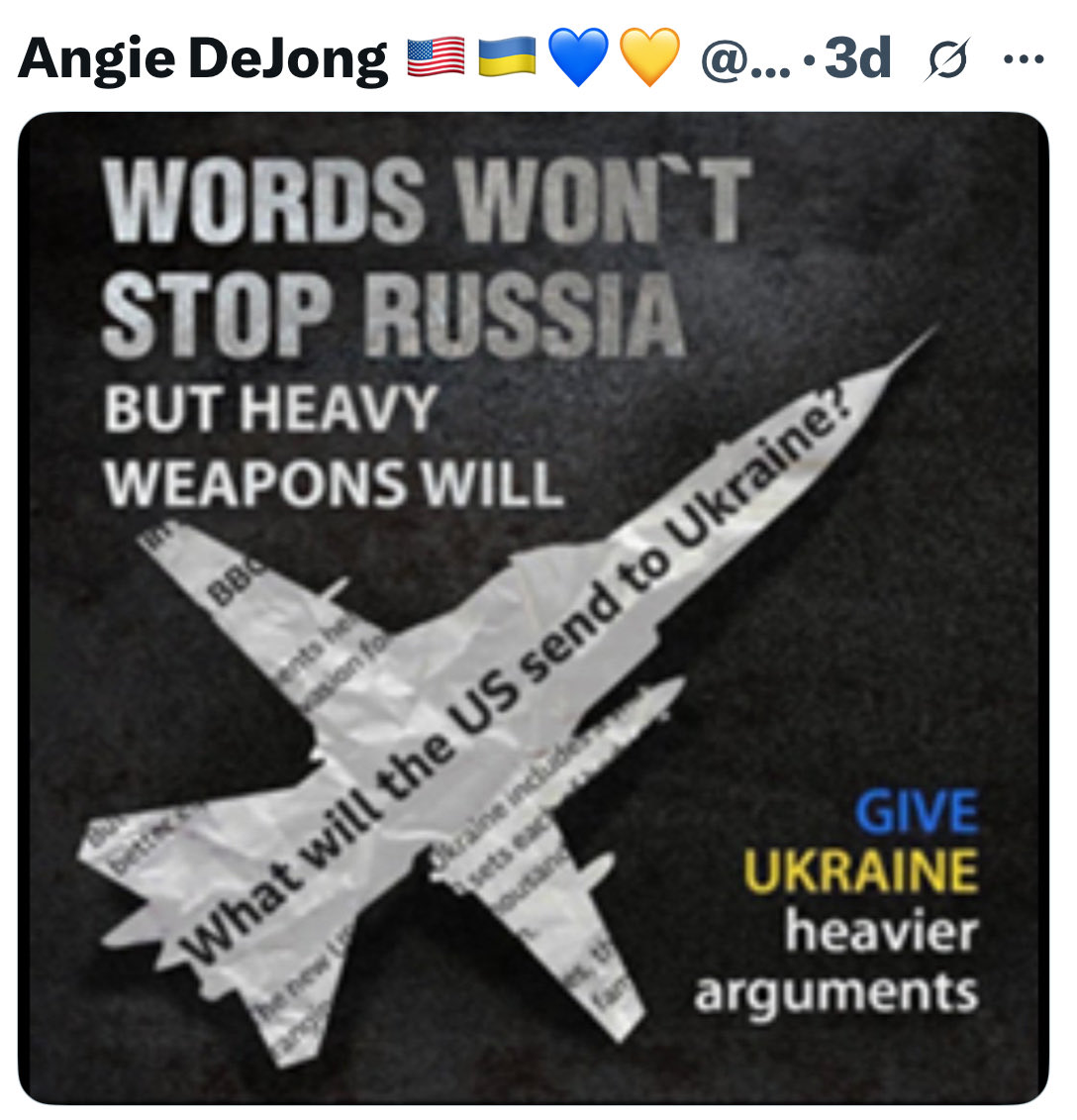 <a href="/Lcars24/">Bill Morris 🌊🌊🌊🌊🌊</a> <a href="/MarkKepes/">George Leroy Tirebiter</a> <a href="/AlphabetResist/">Alphabet Resistance</a> <a href="/MattCFromMA/">MJC</a> <a href="/BluebelleSmurft/">New Madrid Fault</a> <a href="/pshene1/">pshene(Agent99)</a> <a href="/flokisteef/">Flokisteef 🇺🇸 🟧</a> <a href="/OlderMan1216/">Older Man 1216</a> <a href="/kpboxer/">Kevin 🌊🌊🌊🌈 🇺🇸 🍑🆘🇺🇦</a> <a href="/BethBreck1/">Beth Breck</a> <a href="/KimWats45539037/">Kim Watson</a> <a href="/SFCCurtisW/">CurtisW</a> <a href="/srosnato/">Sandy 🌻🇺🇦🌻🌊🌊🟧</a> <a href="/550Jl7801/">Captain 550 💙🇺🇸</a> <a href="/LauraSimbell1/">Laura Simpson</a> <a href="/Carolina_37177/">No One</a> <a href="/Cindyfofindy1/">Cynthia Henderson 🌻🇺🇦🇨🇦🇺🇸🕊️</a> <a href="/lennonfan4/">Karen Valentine C</a> Followed 5 new Bill. 
👍✊️🙏