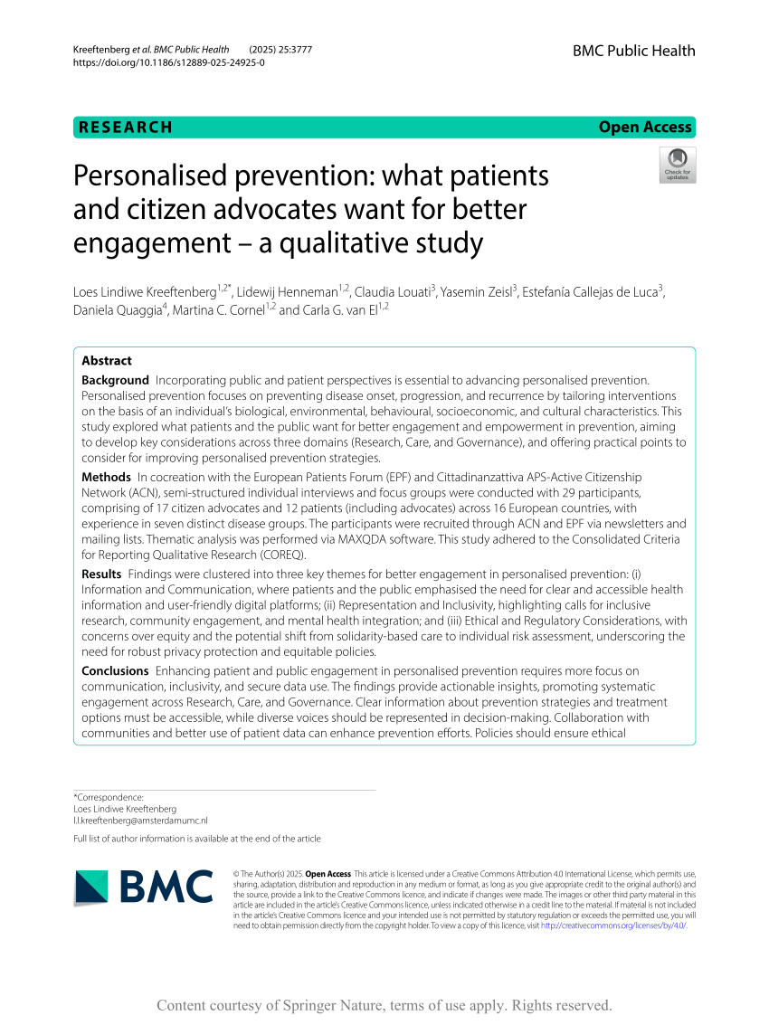 activecitnet's tweet image. New study on #personalisedprevention is out 🧬📣
What do patients &amp;amp; citizen advocates need for better engagement?
Key insights from the #PROPHET project, with Cittadinanzattiva involved.
Download here ➜ urly.it/31c_nx
#PatientEngagement #PublicHealth #HealthEquity