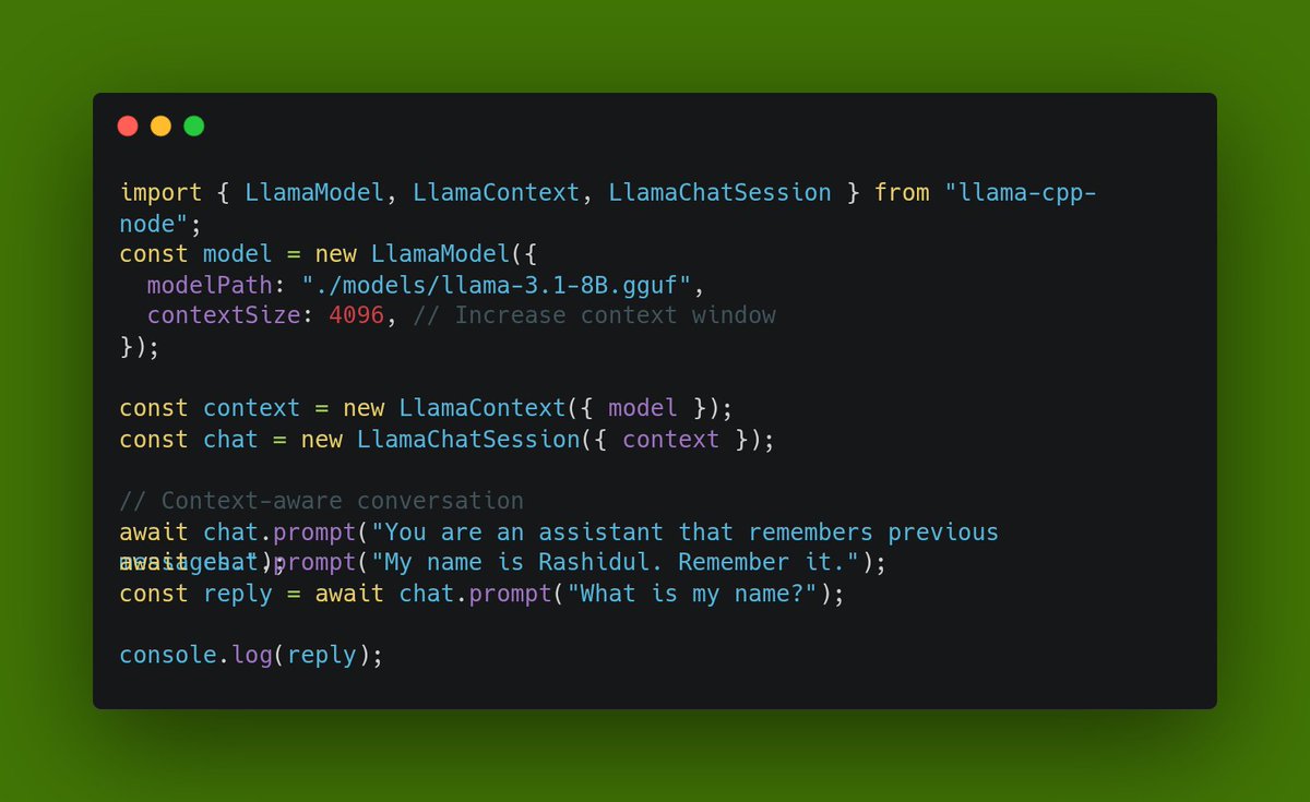 khrasedul_dev's tweet image. Context matters. 🧠
Using llama-cpp-node, you can boost model accuracy just by increasing the context window.

Longer memory = smarter offline AI.
Super useful for chatbots &amp;amp; agents. ⚡

#LlamaCpp #NodeJS #AI #LLM #JavaScript