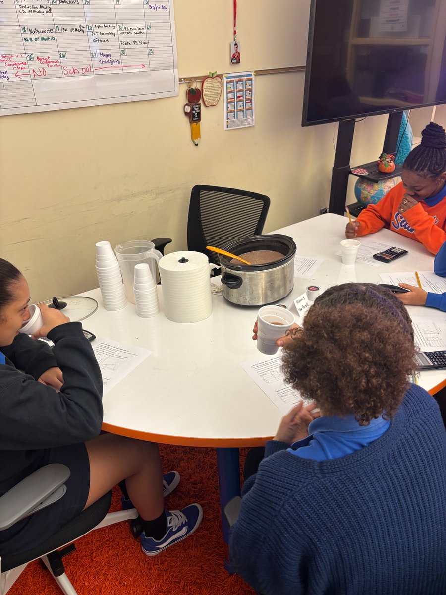 MTASaints's tweet image. To review proportional relationships, seventh grade rotated among stations to solve Thanksgiving-themed math challenges. One of the stations required students to find the # of cups of cocoa needed for a variety of people, and they were surprised with some to enjoy! #MathFun ☕
