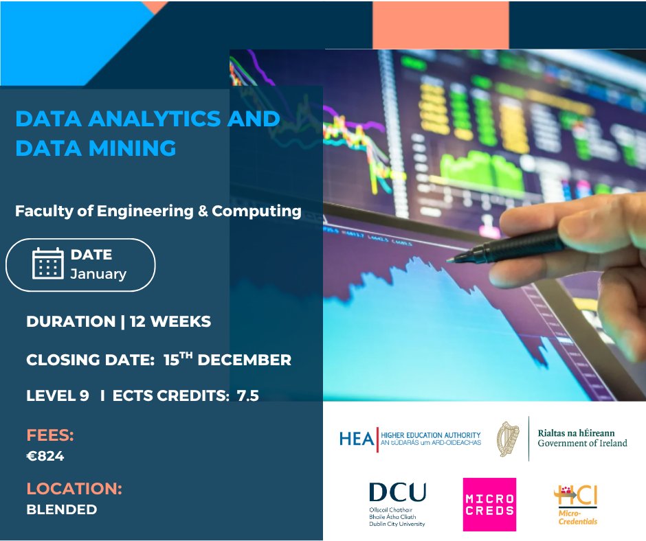 Turn data into insights with DCU’s Data Analytics &amp; Data Mining microcredential.

Learn probability, statistics, analytics techniques &amp; software applications through practical examples and case studies.

Learn more 👉 dcu.ie/micro-credenti…

<a href="/MicroCreds/">MicroCreds</a>
<a href="/DCU/">Dublin City University</a>
<a href="/IUAofficial/">Irish Universities Assoc.</a>