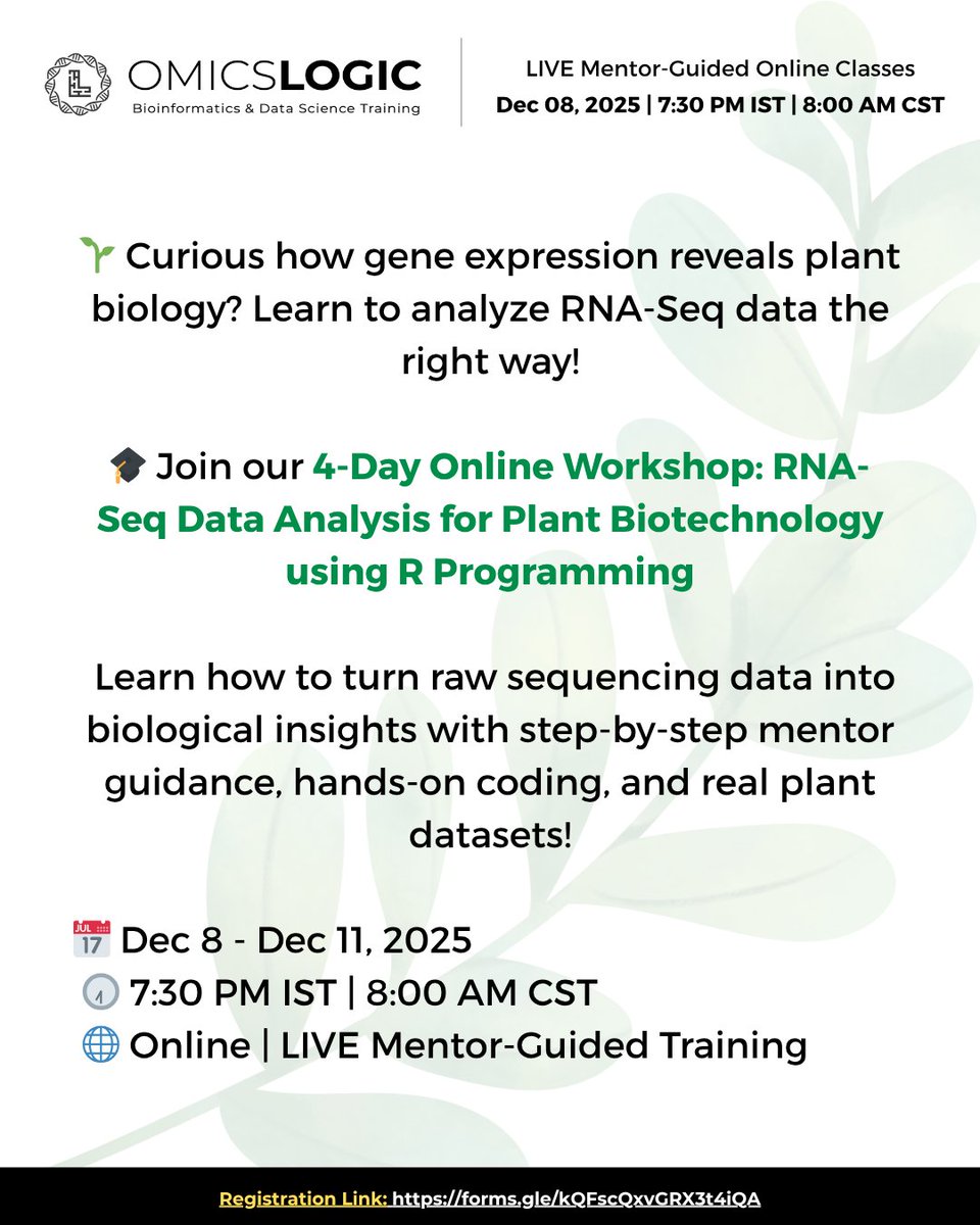 OmicsLogic's tweet image. 🌿 Master 𝐑𝐍𝐀-𝐒𝐞𝐪 𝐃𝐚𝐭𝐚 𝐀𝐧𝐚𝐥𝐲𝐬𝐢𝐬 𝐟𝐨𝐫 𝐏𝐥𝐚𝐧𝐭 𝐁𝐢𝐨𝐭𝐞𝐜𝐡𝐧𝐨𝐥𝐨𝐠𝐲 𝐮𝐬𝐢𝐧𝐠 𝐑 𝐏𝐫𝐨𝐠𝐫𝐚𝐦𝐦𝐢𝐧𝐠!

🔗 For more information on workshop structure, curriculum, and training resources, register here: forms.gle/kQFscQxvGRX3t4…