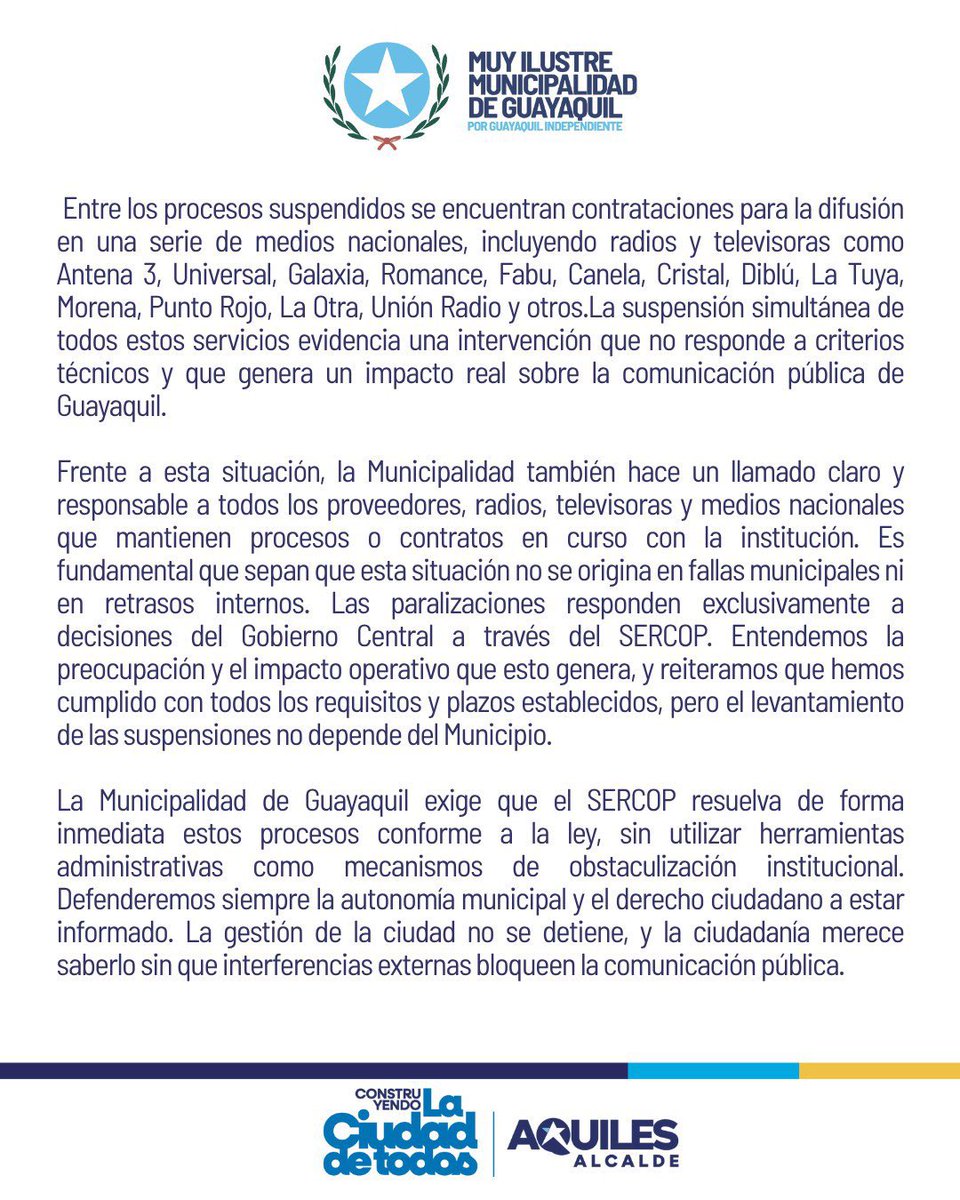 OTRA VEZ SERCOP. ⚠️ 16 procesos del Municipio de Guayaquil suspendidos sin motivo.

Esto no solo obstaculiza el trabajo de la ciudad, sino que también deja a los medios nacionales en espera, paralizando la transparencia y la información sobre la gestión. Exigimos que nos dejen