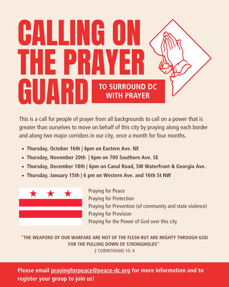 Stamper4DC's tweet image. Calling all prayer warriors in DC 🙏🏾
The Prayer Guard is surrounding the city with prayer once a month from Oct–Jan at key border locations.
We’re praying for peace, protection, prevention, provision &amp;amp; God’s power over DC.
Details in flyer ⬇️
#PrayForDC #DCFaith #Ward7