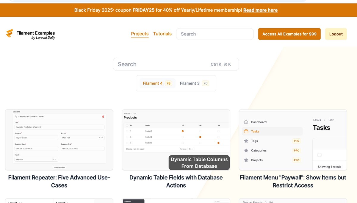 Le Black Friday a commencé non seulement sur Laravel Daily, mais aussi sur notre deuxième projet Filament Examples !

 A