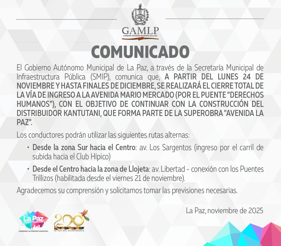 LaPazAlcaldia's tweet photo. #ComunicadoGAMLP I #Atención 🔴 https://t.co/Pfk6xwbMye