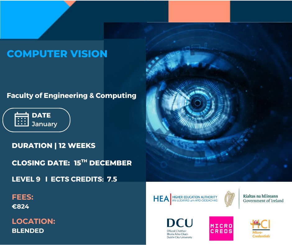 Advance your AI skills with DCU’s Computer Vision microcredential.

Learn traditional and deep learning computer vision, CNNs &amp; practical applications across healthcare, industrial vision, multimedia &amp; more.

Learn more 👉 dcu.ie/micro-credenti…

<a href="/MicroCreds/">MicroCreds</a>
<a href="/DCU/">Dublin City University</a>
<a href="/IUAofficial/">Irish Universities Assoc.</a>