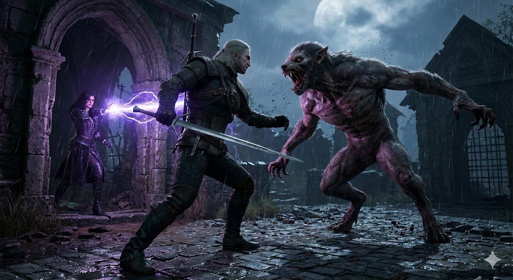 Howaboua's tweet image. NANOBANANA PRO OMG

&quot;Generate an image of geralt and yennefer fighting a striga. #Witcher 3 style but with full next gen graphics, ray tracing and all the details that we are expecting from Witcher 4 in unreal engine 5.&quot;

#gemini #nanobanana #ai