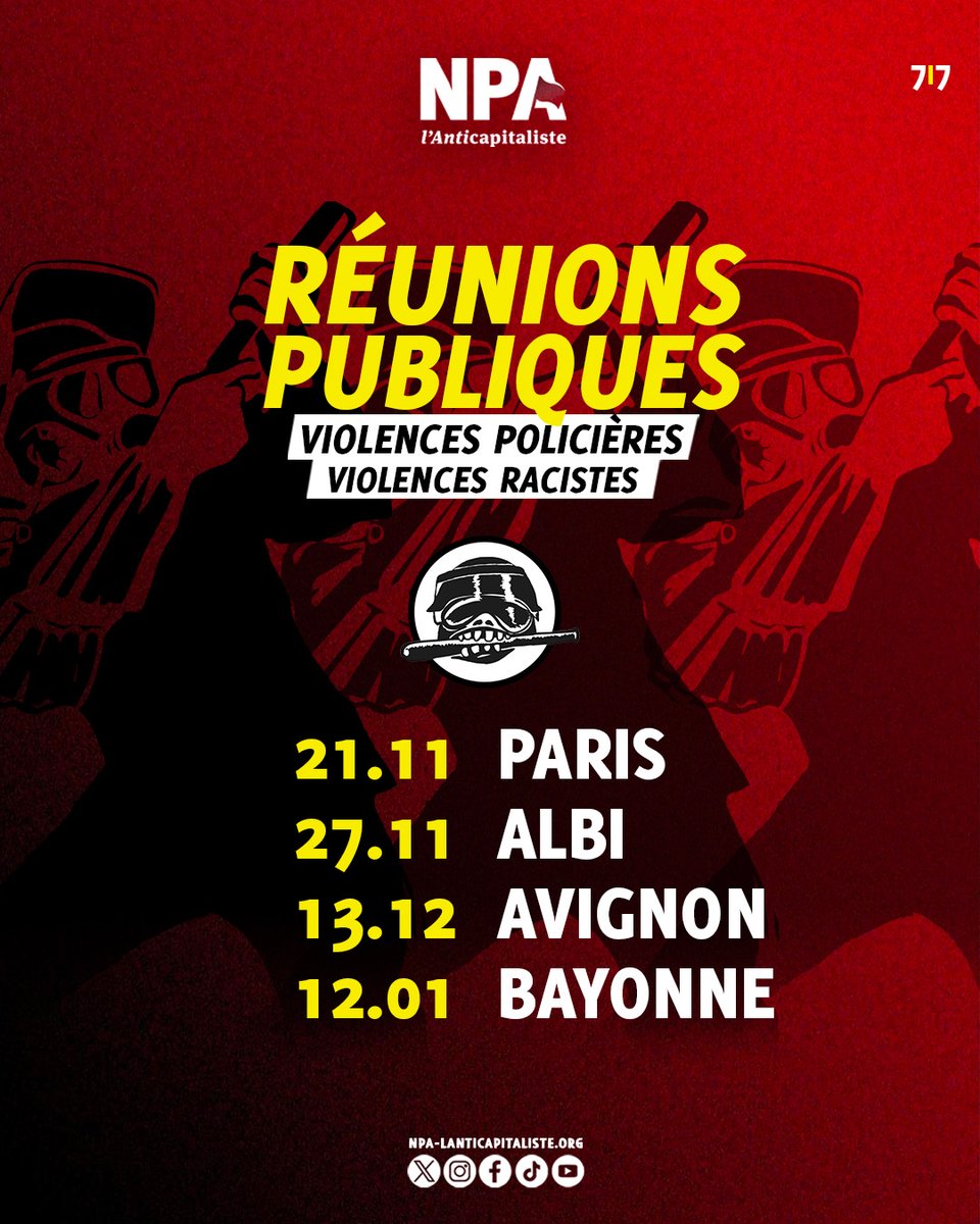 NPA_antica's tweet photo. ✊ Venez participer à nos prochaines réunions publiques sur le sujet des violences policières à Paris, Albi, Avignon et Bayonne !
+ infos sur notre site 
📅https://t.co/c0rXPVX4fa
7/7 https://t.co/bvipP7B7jQ