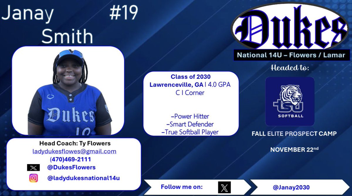 Headed to Nashville! 
<a href="/DukesFlowers/">Lady Dukes National 14u - Flowers/Lamar</a> 
<a href="/CoachG_14274/">Genee McRath</a> 
<a href="/SKG_Softball/">Seckinger Softball</a> 
<a href="/BigCoachMarvin/">Marvin Hammonds</a> 
<a href="/commit2HBCU/">SHOWCASE HBCU</a> 
<a href="/615TSU_Tigers/">Big Blue Tiger Nation</a>