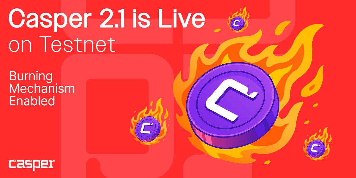 Casper_Network's tweet image. 🚨 Casper v2.1 just hit Testnet!

🔥 100% of transaction fees will be burned
⚡️ Block time is cut from 16s to 8s

A faster and more efficient Casper, built for the real world.

👉 Release notes: github.com/casper-network…
👉 Node operator instructions: docs.cspr.community/docs/testnet/u…