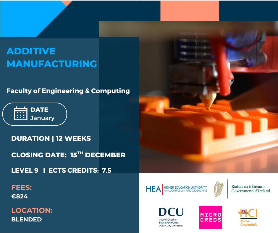 Master the future of manufacturing.

DCU’s Additive Manufacturing microcredential teaches AM techniques for metals, polymers &amp; ceramics, design optimization, multi-material printing &amp; process control.

Learn more 👉 dcu.ie/micro-credenti…

<a href="/MicroCreds/">MicroCreds</a>
<a href="/DCU/">Dublin City University</a>
<a href="/IUAofficial/">Irish Universities Assoc.</a>