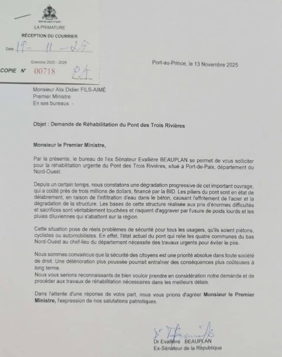 Dans une lettre au Premier ministre Fils Aimé le 13 novembre, le bureau de l’ex-sénateur Evallière Beauplan réclame la réhabilitation urgente du pont des Trois Rivières, à Port-de-Paix. Selon lui, les piliers de ce pont, financé par la BID, seraient gravement détériorés et