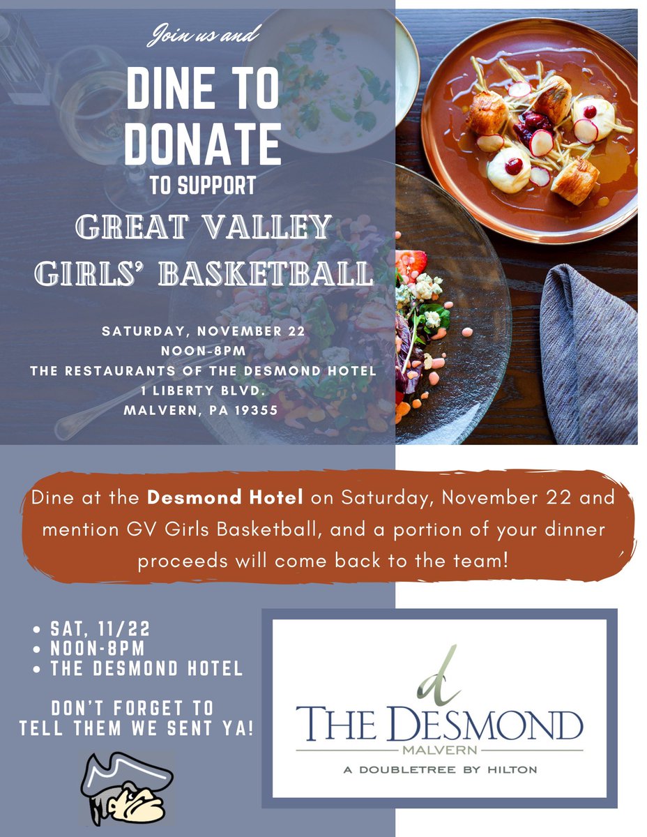 Dine at the The Desmond Hotel Malvern on Saturday, 11/22 and mention 🏀GV Girls Basketball🏀 , and a portion of your dinner proceeds will come back to the team!

🗓️ SAT, 11/22
⏰ Noon-8pm
📍 The Desmond 

Don’t forget to 
tell them we sent ya!