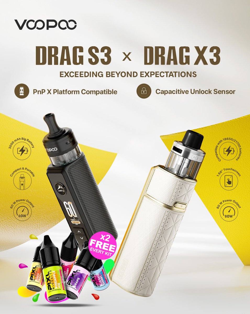 Finally landed: Drag S3/X3 Kits by Voopoo - 2 free bottles of PIXL with every kit. Free UK Delivery. 5ml pods available. - mailchi.mp/ubervape/final…