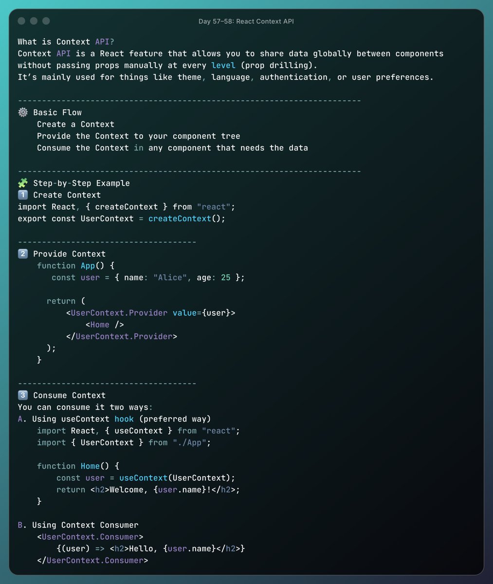 guriii3108's tweet image. Day 57–58 of my React journey ⚛️
Learned how to ditch prop drilling with the Context API🙌

Github Code: github.com/guriii3108/100…

Notion Notes: notion.so/Day-57-58-Reac…
Next stop: State management — Redux .. here I come!

#React #WebDev #100DaysOfCode #JavaScript #BuildInPublic