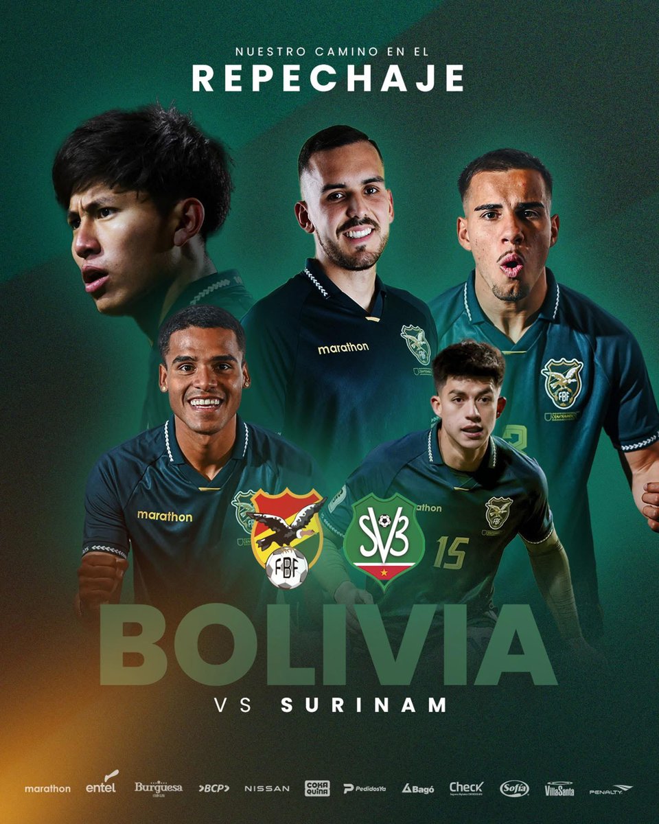 oficial_sports's tweet photo. BOLIVIA🇧🇴 🆚 SURINAM 🇸🇷
Partido por el repechaje confirmado para la “Verde”, en el primer compromiso rivalizará contra Surinam, selección sudamericana que juega en Concacaf.
➡️ En caso de que la “Verde” avance al segundo partido, se enfrentará a Irak.
#JJSportsOficial https://t.co/cpbZXn52m7