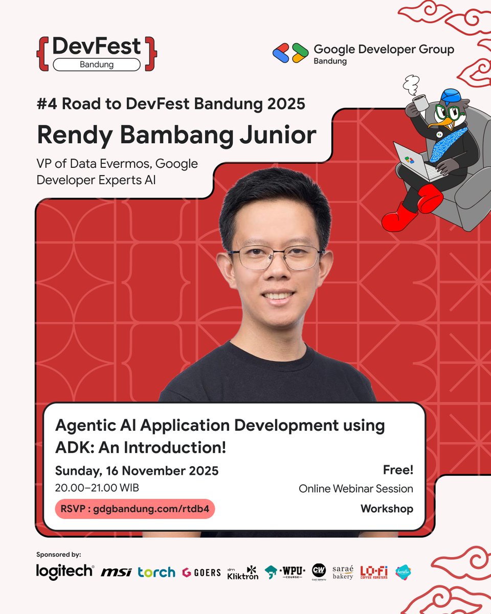 GDGBandung's tweet image. Mark your calendar 🗓️
📍 Online workshop
🕗 20.00–21.00 WIB, 16 Nov 2025
Reserve your spot 👉 gdgbandung.com/rtdb4
#TechEvent #DeveloperCommunity #AI