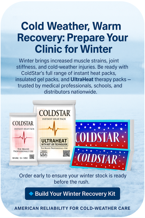 Coldstartweet's tweet photo. Winter brings increased muscle strains, joint stiffness, and cold-weather injuries. Be ready with ColdStar’s full range of instant hot packs, insulated gel packs, and UltraHeat therapy packs. Order early https://t.co/DX6nsba3cR to ensure your ready before the rush. https://t.co/nTyXgRIB7z