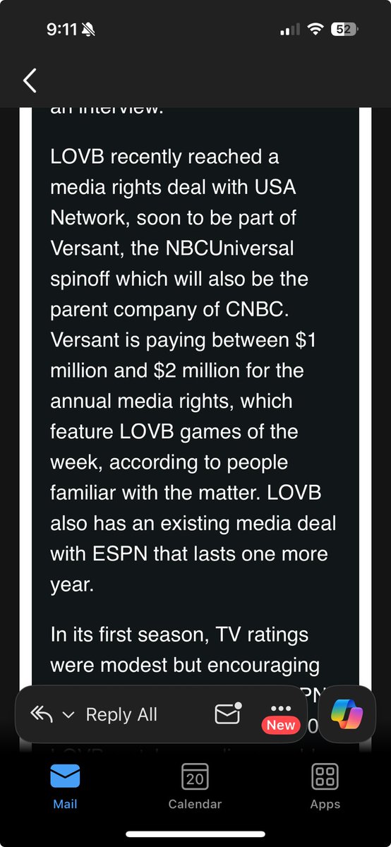 LOVB is getting between $1m-$2m for its “game of the week” media rights deal with Versant’s USA Network for this upcoming season, I’m told.