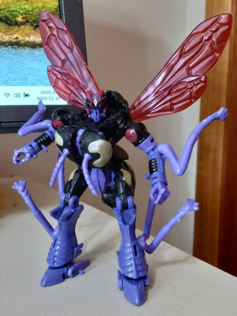 KBarnNow's tweet image. GOOD MORNING MINTO!!!

My desk friend today is Skywasp!

Because it&apos;s Waspinator in Skywarp&apos;s colours. Is he Waspinator? Is he beast-mode Skywarp? Is he a member of the Waruder Swarm from Diaclone named Paralyzer? Yes.

(I like to pretend he&apos;s edgy Waspinator.)