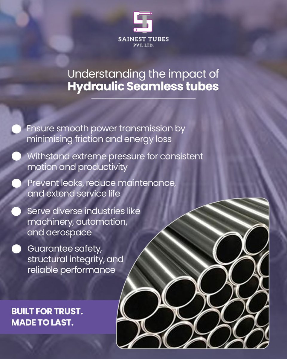SainestTubesPvt's tweet image. From pressure to precision, Sainest Tubes delivers hydraulic solutions that last.

#HydraulicCylinder #HydraulicTubes #EngineeringSolutions #IndustrialPipes #Manufacturing #Automation #StainlessSteelTubes #Pipes #Ahmedabad #Gota #SainestTubes