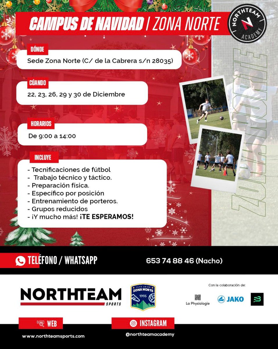 Un año más recomendamos el Campus de Navidad de <a href="/Northteamsports/">Northteam Sports</a>, se llevará a cabo del 26 al 29 de diciembre en la La Cabrera de 9h00 a 14h00. Ofrecen una experiencia única para niños y niñas de todas las edades que aman el fútbol.

Más información: cuzonanorte.com/es/news/campus…