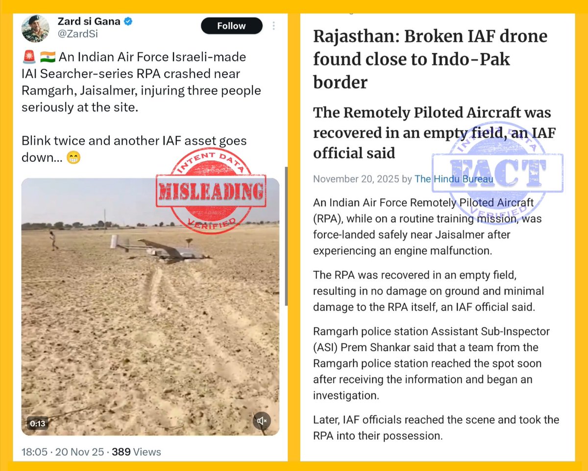 4060
ANALYSIS: Misleading 

FACT: Pakistani propaganda accounts are spreading self-invented claims alleging that three people were seriously injured after an Indian Air Force IAI Searcher-series RPA crashed near Ramgarh, Jaisalmer. These claims are untrue. (1/3)