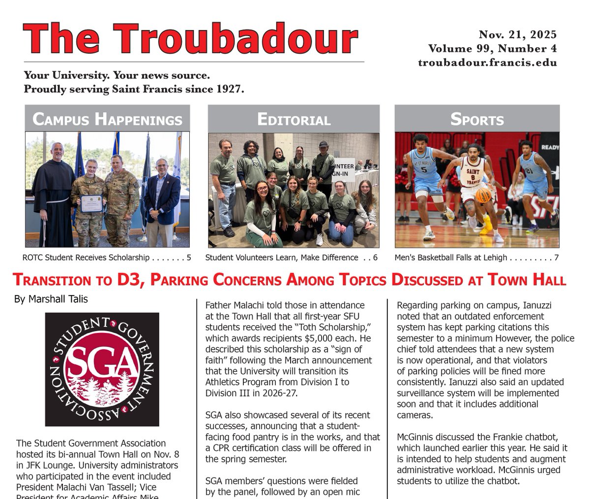 This week's issue of <a href="/SaintFrancisPA/">Saint Francis U</a>'s student-led newspaper, the Troubadour, is hot off the presses. Great work by our team! Visit troubadour.francis.edu to find out what is happening around campus.
