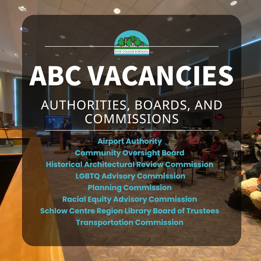 State_CollegePA's tweet image. Authorities, Boards, and Commissions (ABCs) play a valuable role in making a difference in the State College Community. ⁠

➜ Visit statecollegepa.us/764/ABC-Vacanc… to apply today!