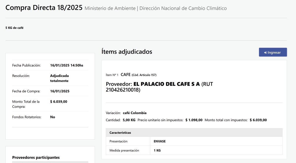 Ministerio Ambiente : No sólo los viajecitos y los videitos les pagamos, también le pagamos a la señorita "filmame, así parezco que trabajo" y luego lo subo a las redes, $6.039 por 5Kg de Café. Pero vos no te preocupes, tratá de seguir pagando impuestos para ellos.