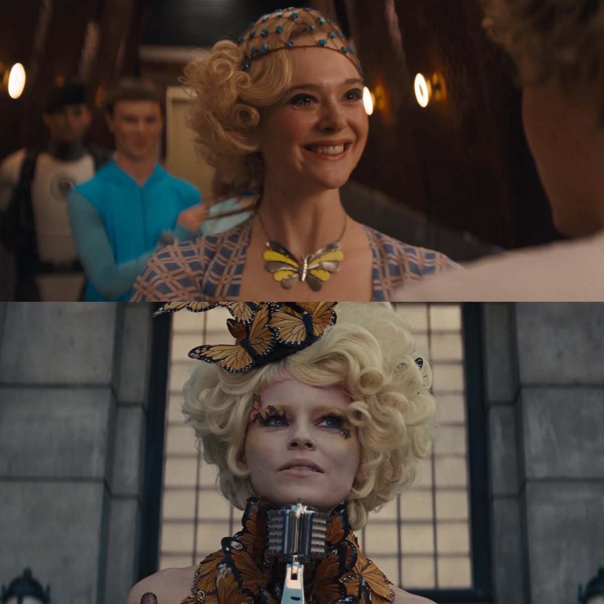 FilmUpdates's tweet image. The portrayals of Effie Trinket in ‘THE HUNGER GAMES’ franchise:

• Elle Fanning

• Elizabeth Banks