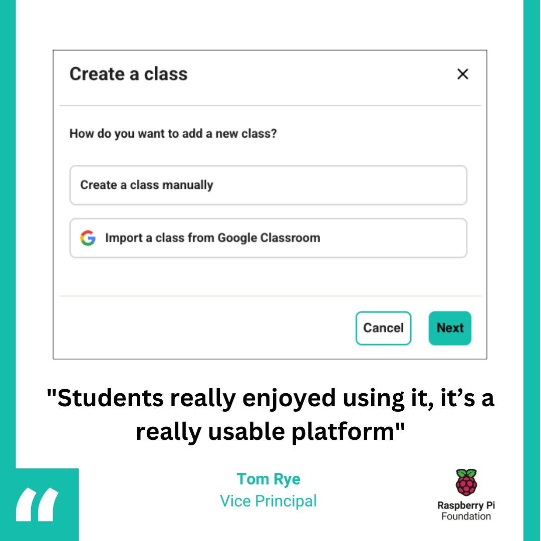 RaspberryPi_org's tweet image. 🎉 New on the Code Editor for Education…

Teachers can now import classes directly from Google Classroom, making setup faster and easier than ever.

Create your free school account to benefit from this new feature 👉 rpf.io/coding-at-scho…

#EdTech #CodingInTheClassroom #STEM