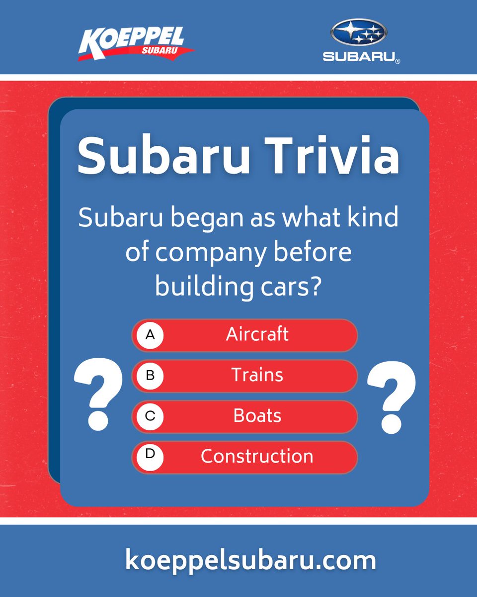 KoeppelSubaru's tweet image. Test your Subaru knowledge! Did you know Subaru started as an aircraft company before becoming famous for cars? Drop your answer below and visit koeppelsubaru.com to learn more fun facts!

#KoeppelSubaru #SubaruTrivia #FunFact #Koeppel #CarEnthusiast #NYCDealership