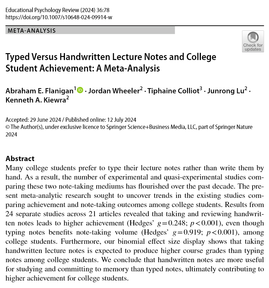 AdamMGrant's tweet image. It&apos;s time to remove laptops from classrooms.

24 experiments: Students learn more and get better grades after taking notes by hand than typing. It&apos;s not just because they&apos;re less distracted—writing enables deeper processing and more images.

The pen is mightier than the keyboard.