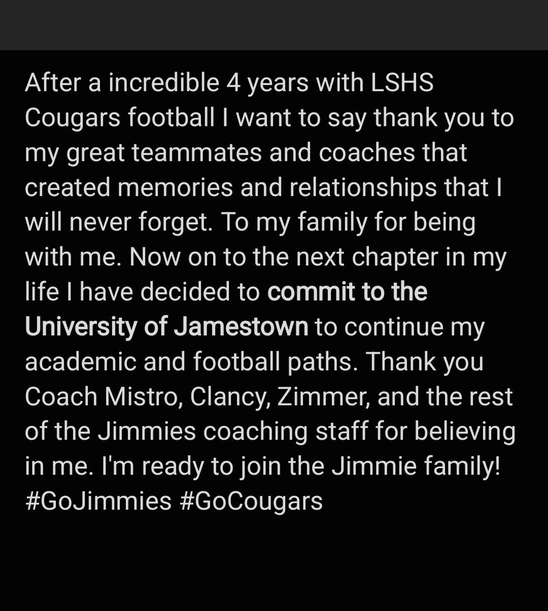 Committed!
<a href="/LSHSCougarsFB/">Lakeville South Football</a> -&gt;<a href="/JimmieFootball/">Jamestown Football</a>