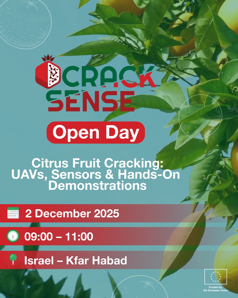 CrackSenseHE's tweet image. Join us at the Citrus Open Day! 🍊

The event brings together researchers and growers to present the work carried out within CrackSense.

🛰️ Demonstrations: UAVs, stomatal conductance &amp;amp; LAI measurements, TOMMY, fruit and soil sensors.

#HorizonEurope #ResearchImpactEU