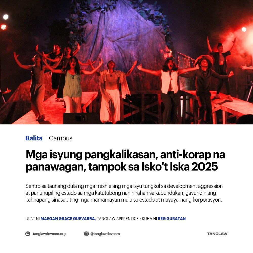 tanglawdevcom's tweet image. BALITA: Sa pagtatanghal ng “Isko&apos;t Iska 2025: Nang Pinatag ang Bundok,&quot; baon ng produksyon ang kondemnasyon sa sistematikong katiwalian sa likod ng mga flood control project at lumalalang development aggression sa kanayunan.

➡️ BASAHIN: tanglawdevcom.org/2025/11/20/mga…