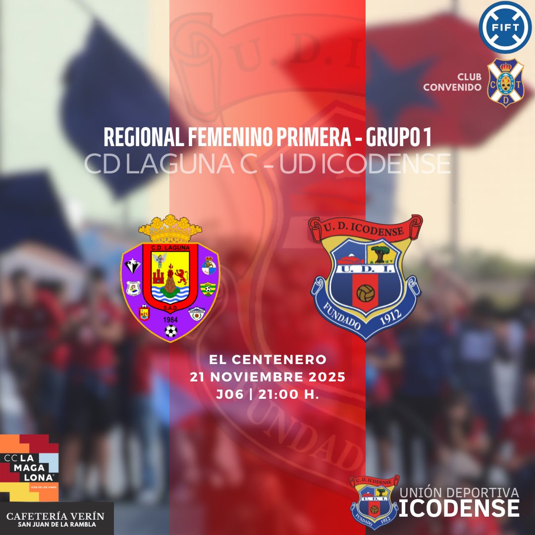 | REGIONAL FEMENINO PRIMERA ⚽️

🔜 ¡Nueva jornada para nuestro #Femenino! Líderes e invictas una semana más, se desplazan mañana para enfrentarse al CD Laguna C.

¡VAMOS ROJAS! ❤️❤️💙💙

🗓️ 21 de noviembre, viernes. 
🕘 21:00 horas.
🏟️ El Centenero.

#SomosIcodense #UDI2526