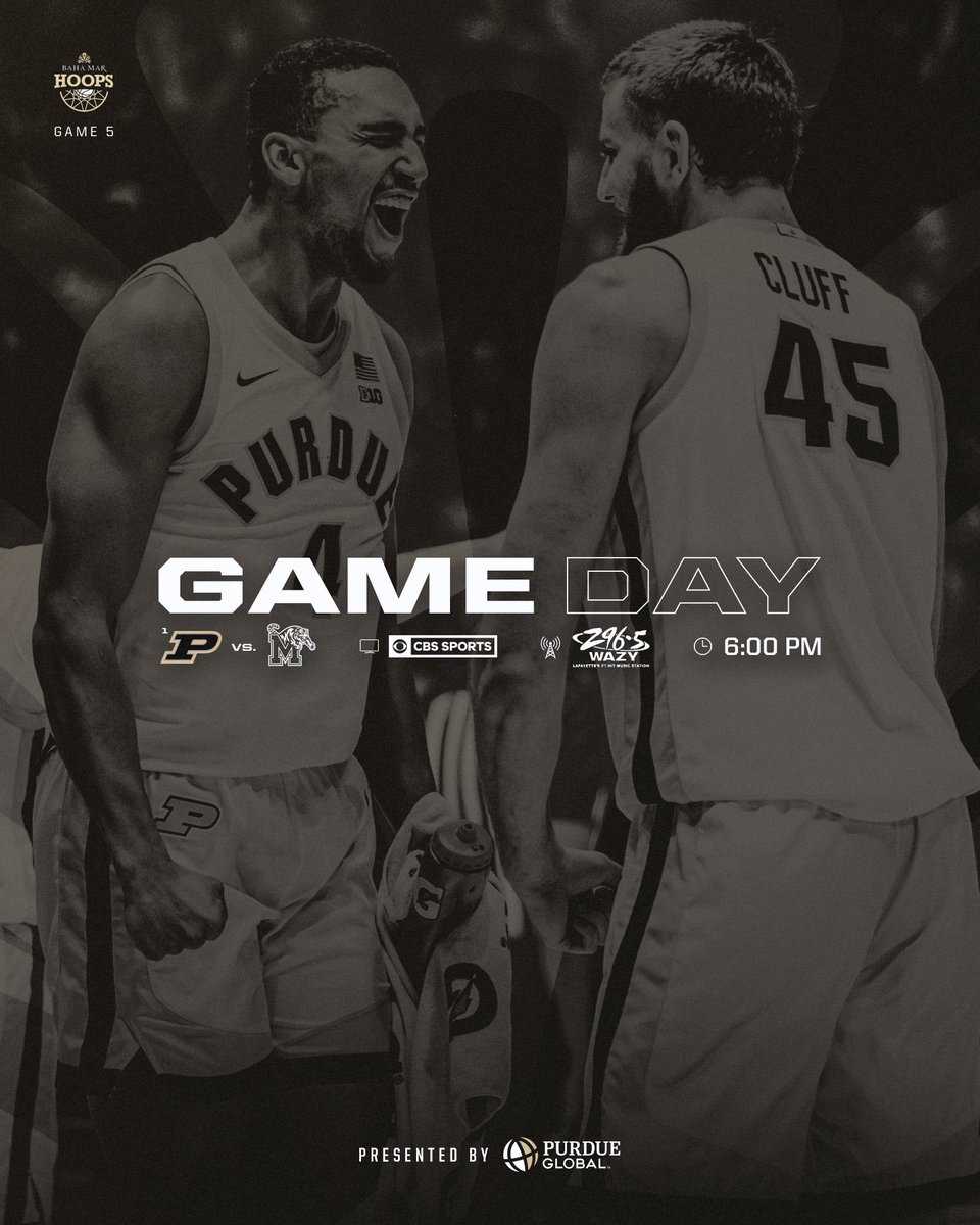 Baha Mar Gameday. 

🆚: Memphis
⏰: 6 p.m. ET
📍: Baha Mar Resort
📺: CBS Sports Network
📻: Purdue Global Radio Network 
📊: StatBroadcast.com