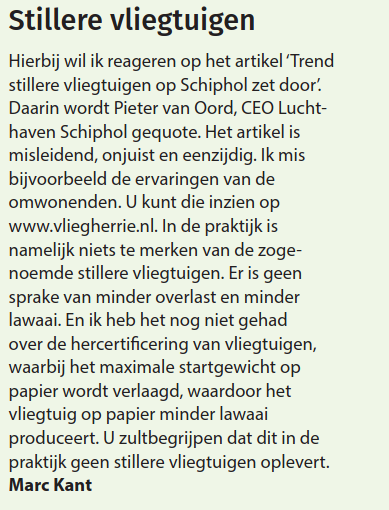 Enkele reacties van lezers op een al te rooskleurig artikel in de Meerbode over het bezoek van Schiphol-baas Van Oord aan Uithoorn. Lees meer op meerbode.nl/news_uh/uh-dez…