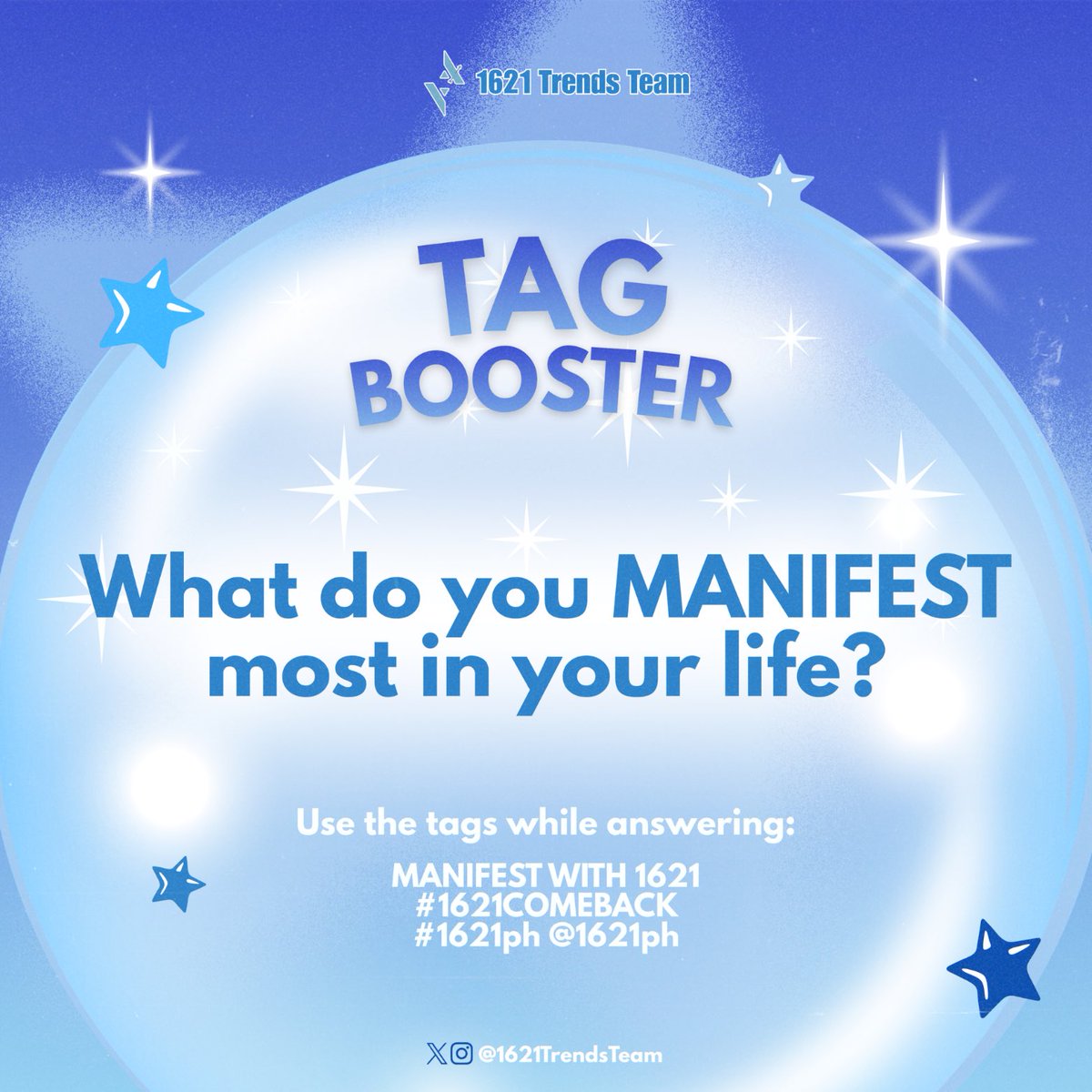 1621TrendsTeam's tweet photo. [📣] TAG BOOSTER

We want to hear your manifestations too, Guardians! Answer this question: "What do you MANIFEST most in your life?"

Don't forget to use our tags when answering!

MANIFEST WITH 1621
#1621Comeback
#1621ph @1621ph https://t.co/p1BfVKRS43