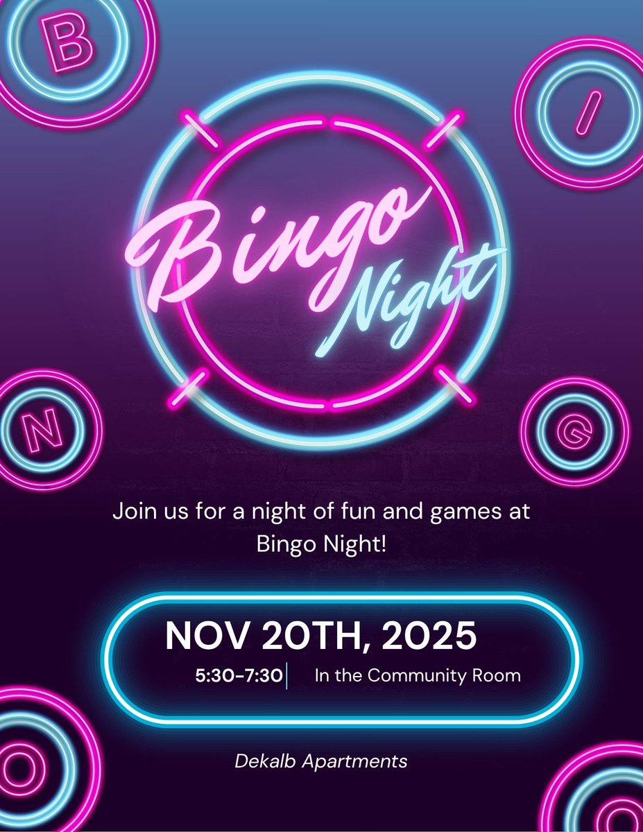 🎉 Join us tonight at Dekalb Apartments for Bingo Night! Enjoy food, win prizes, and make lasting memories with your community. Don't miss out! 🏡 #BingoNight #CommunityFun