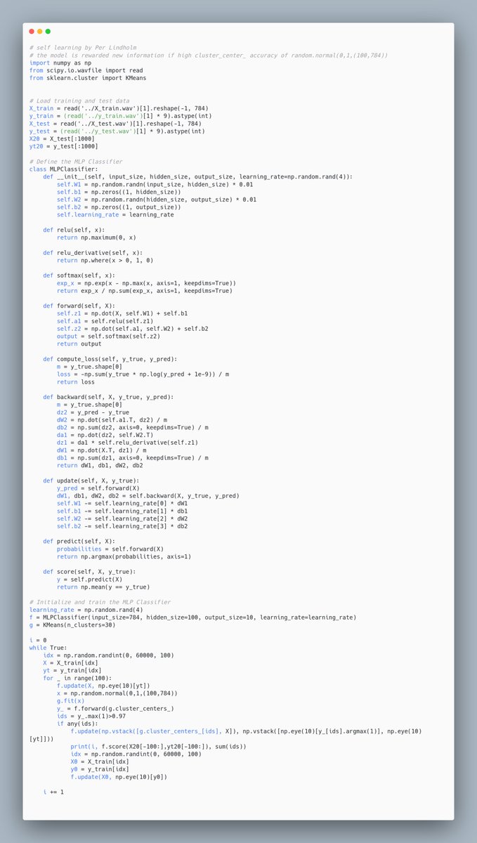 Perrabyte's tweet image. Self learning!! MLP from scratch + KMeans
===
The idea is to reward the model new information if it learns from accumulated information in a KMeans.fit of random.normal(1,784) ~99% MNIST 
filebin.net/qs022yy2qkamx7…
@huggingface @karpathy