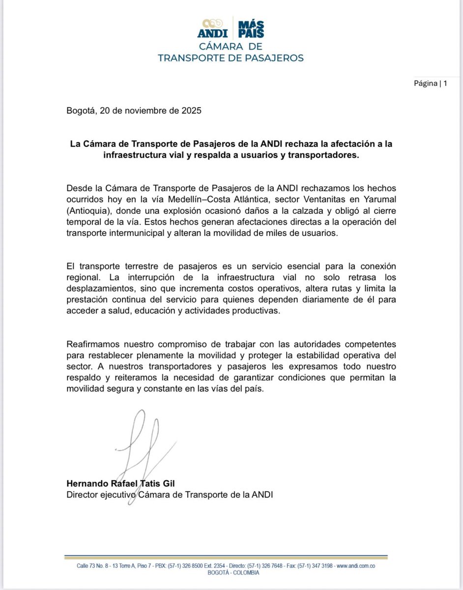 Desde <a href="/TransportePAndi/">Cámara de Transporte de Pasajeros ANDI</a>  rechazamos los hechos ocurridos en la vía Medellín–Costa Atlántica que afectaron la infraestructura vial y la movilidad. Respaldamos a los transportadores y usuarios, y reiteramos la importancia de garantizar condiciones de seguridad en las vias del país.