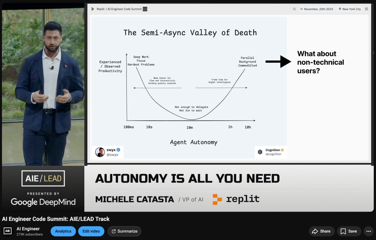 ああ、@pirroh が Semi Async Valley of Death でスライドを始めた、笑 https://t.co/0qJVRhCynz
彼は謙虚なので言わないだろうが、私が代わりに言おう。Replit Agent (特