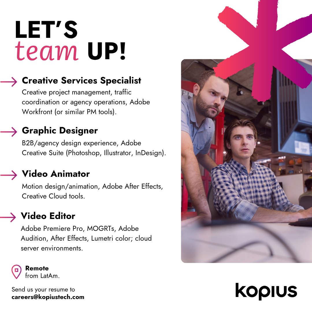 Estamos creando un nuevo equipo en <a href="/KopiusTech/">Kopius | Careers</a> ! 🚀

✅100% Remoto
✅Proyecto para US
✅Ingles Avanzado
Podes enviar tu CV (en ingles) a jpena@kopiustech.com 

Abajo las descripciones de las posiciones ⬇️